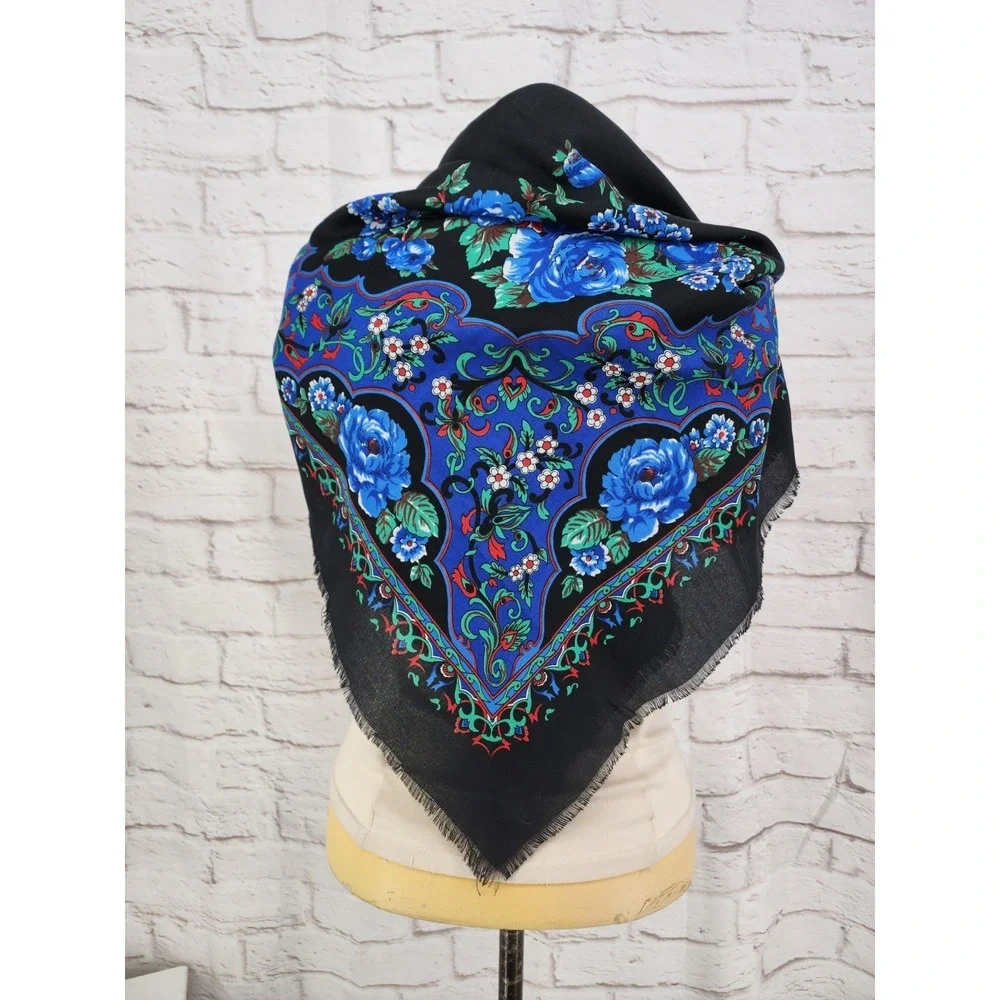 Vintage Blue Floral Scarf Fringe Made Italy Fringe Garden Retro Chic Romantic